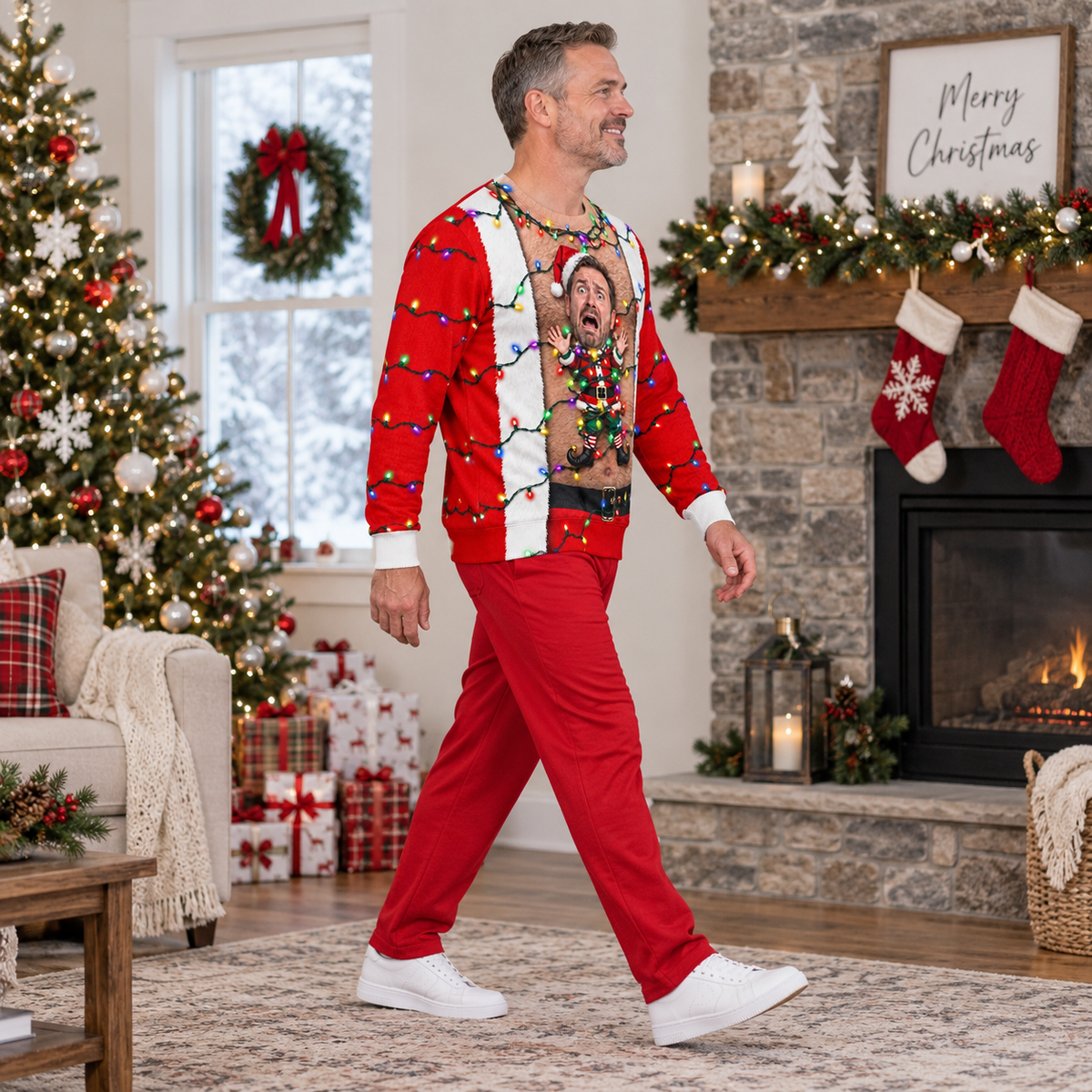 Ugly Christmas Sweatshirt with Hairy Chest and Holiday Elf Graphic