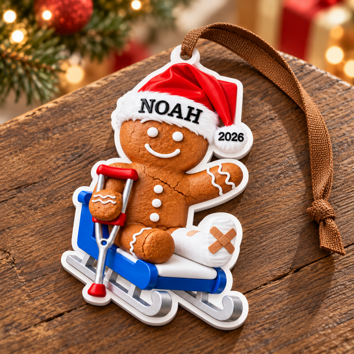 Gingerbread Man with Leg Cast and Crutch on Sled Holiday Keepsake - 3D Relief Ornament