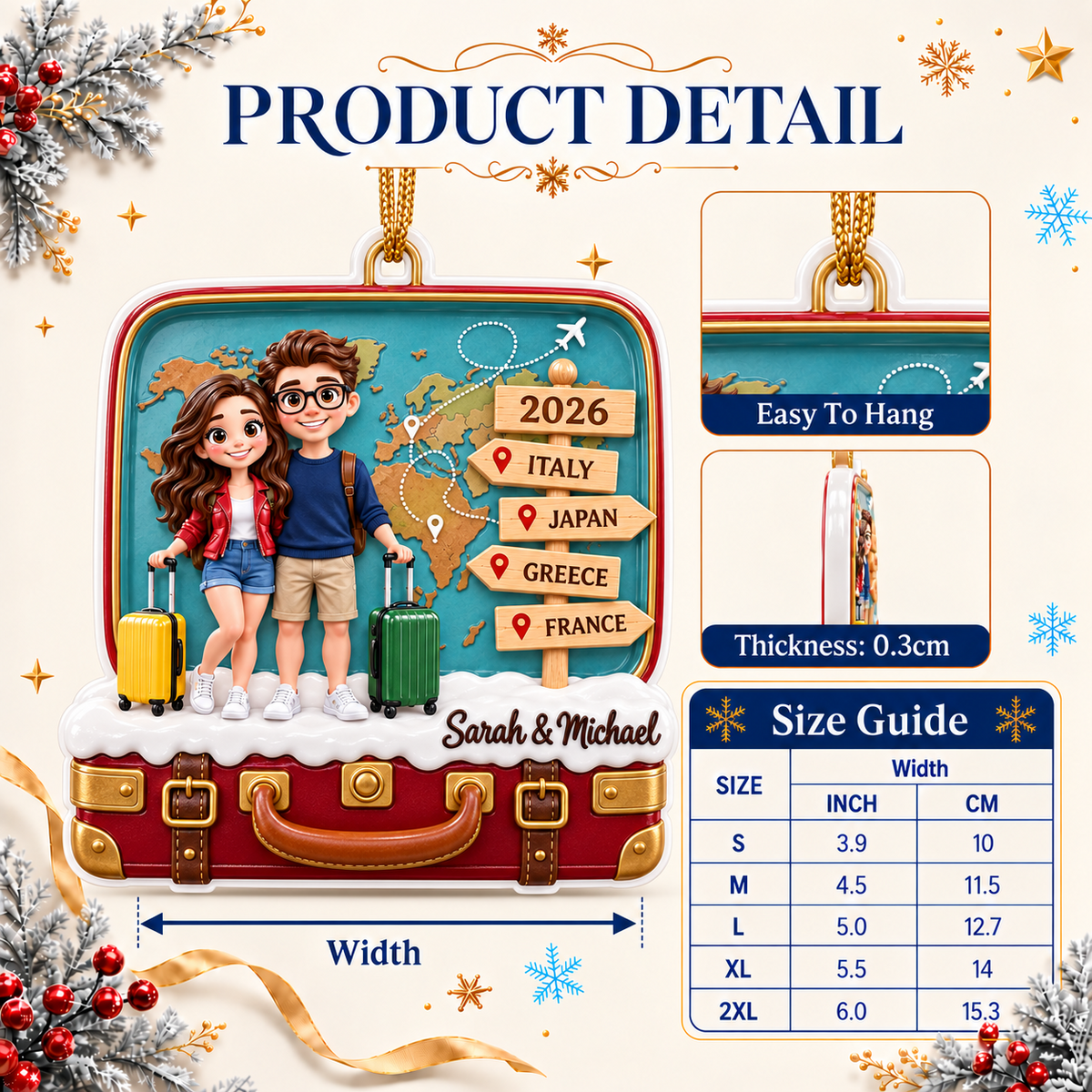 Travel Couple Suitcase Christmas Tree Decoration, Vacation Trip Theme Keepsake - 3D Relief Ornament