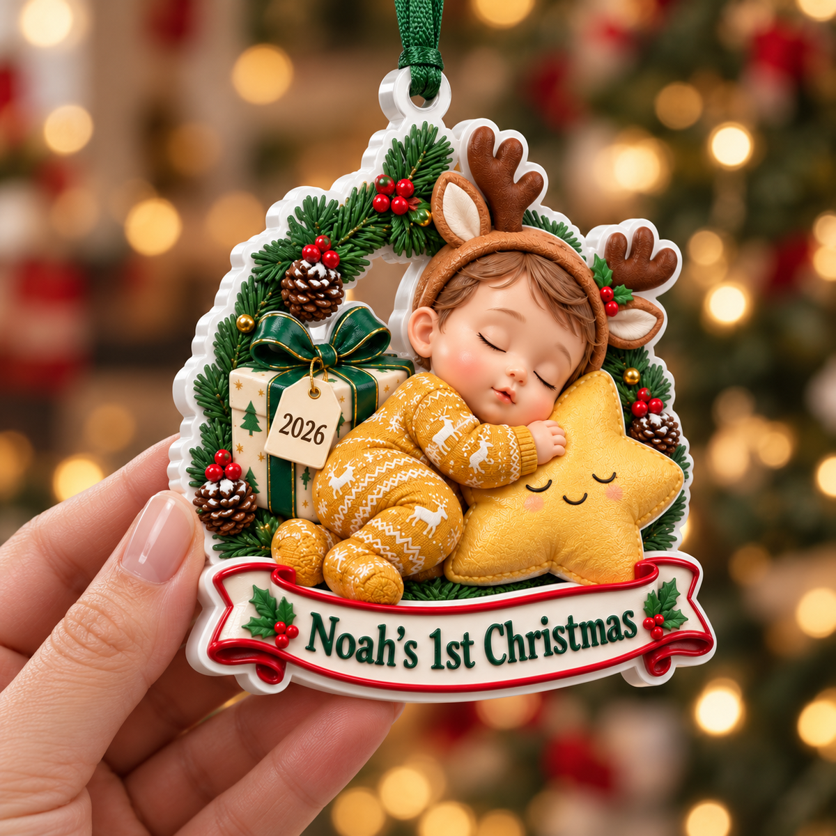 Baby First Christmas Sleeping Infant Reindeer Antlers Star Holiday Keepsake - 3D Relief Ornament