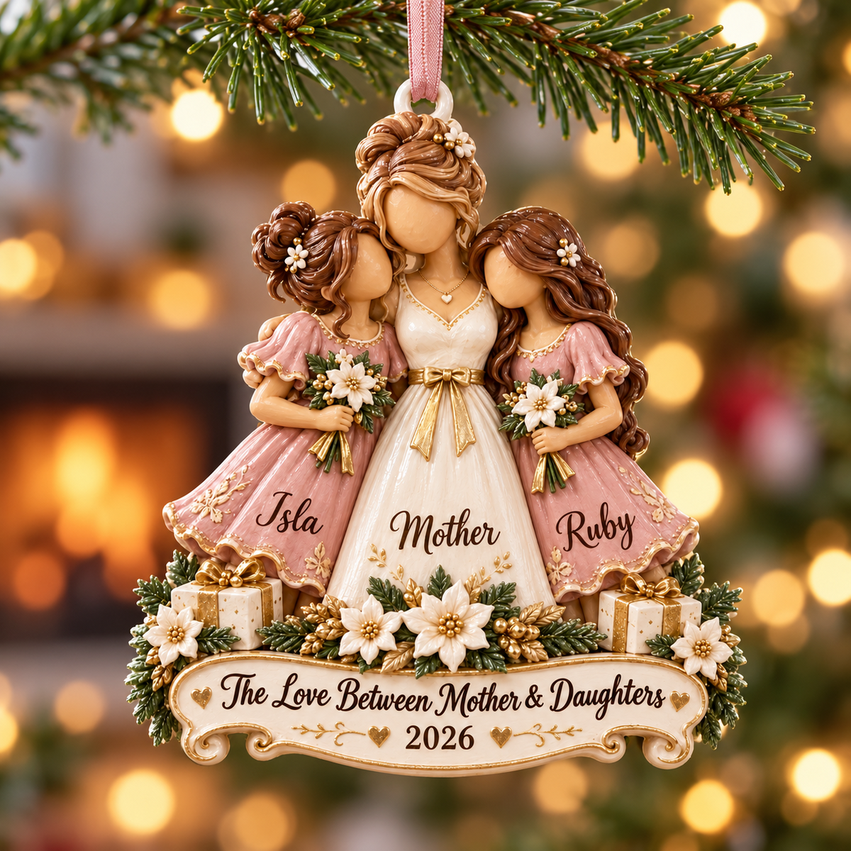 Mother and Two Daughters Holiday Keepsake with Ribbon Hanging - 3D Relief Ornament