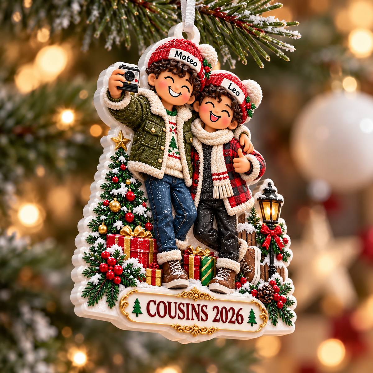 Two Boys Taking Selfie Christmas Tree Plaque Holiday Keepsake - 3D Relief Ornament