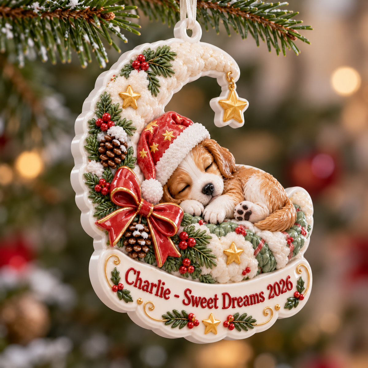 Sleeping Puppy on Crescent Moon Christmas Tree Decor - 3D Relief Ornament