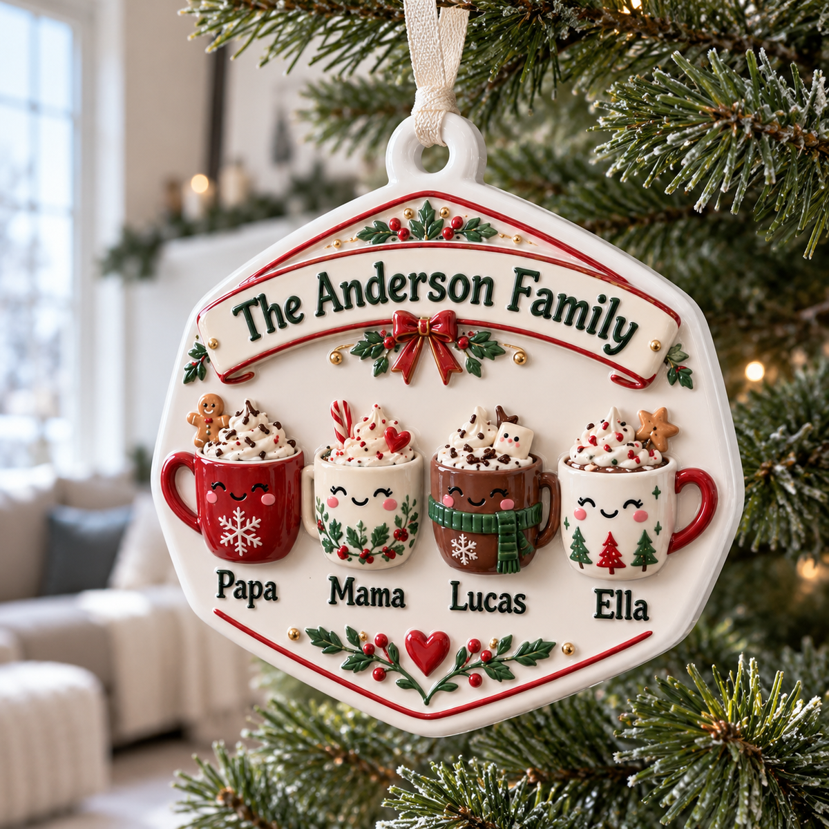 Family Hot Cocoa Mugs Ceramic Christmas Tree Holiday Keepsake Plaque - 3D Relief Ornament
