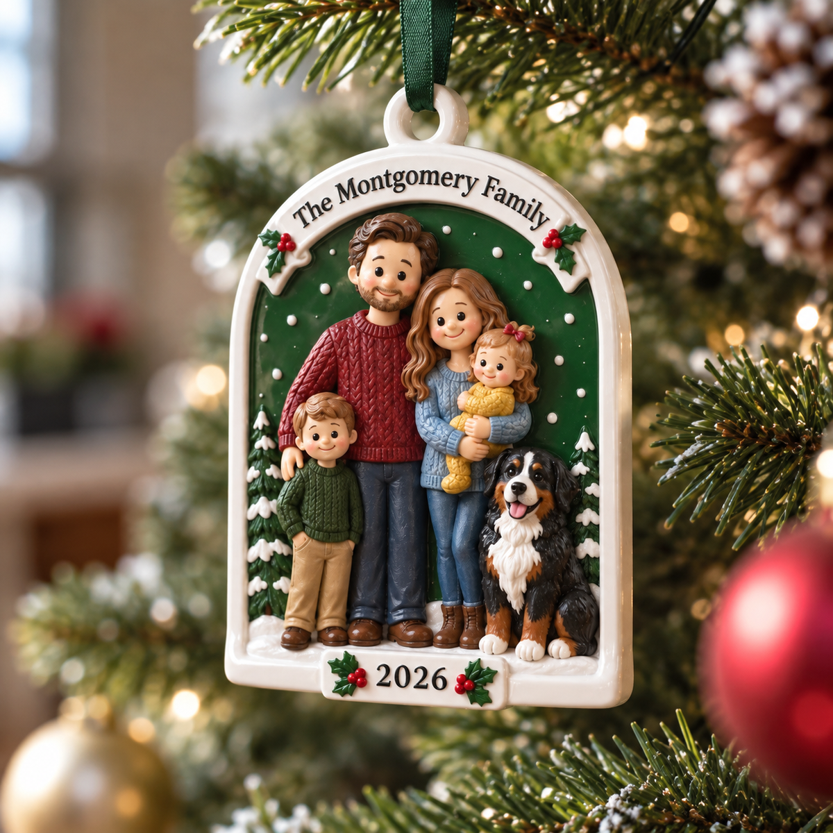 Family of 4 with Pet Dog Christmas Tree Hanging Plaque, Arched Ceramic Holiday Keepsake - 3D Relief Ornament