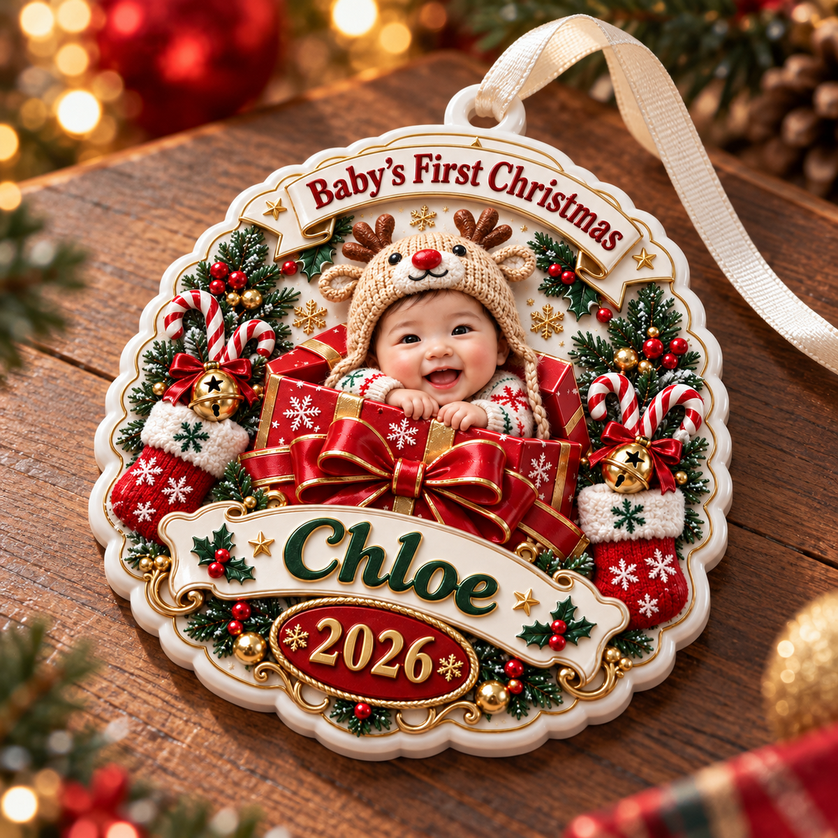 Baby's First Christmas Medallion Keepsake with Holiday Gift Box and Reindeer Hat - 3D Relief Ornament