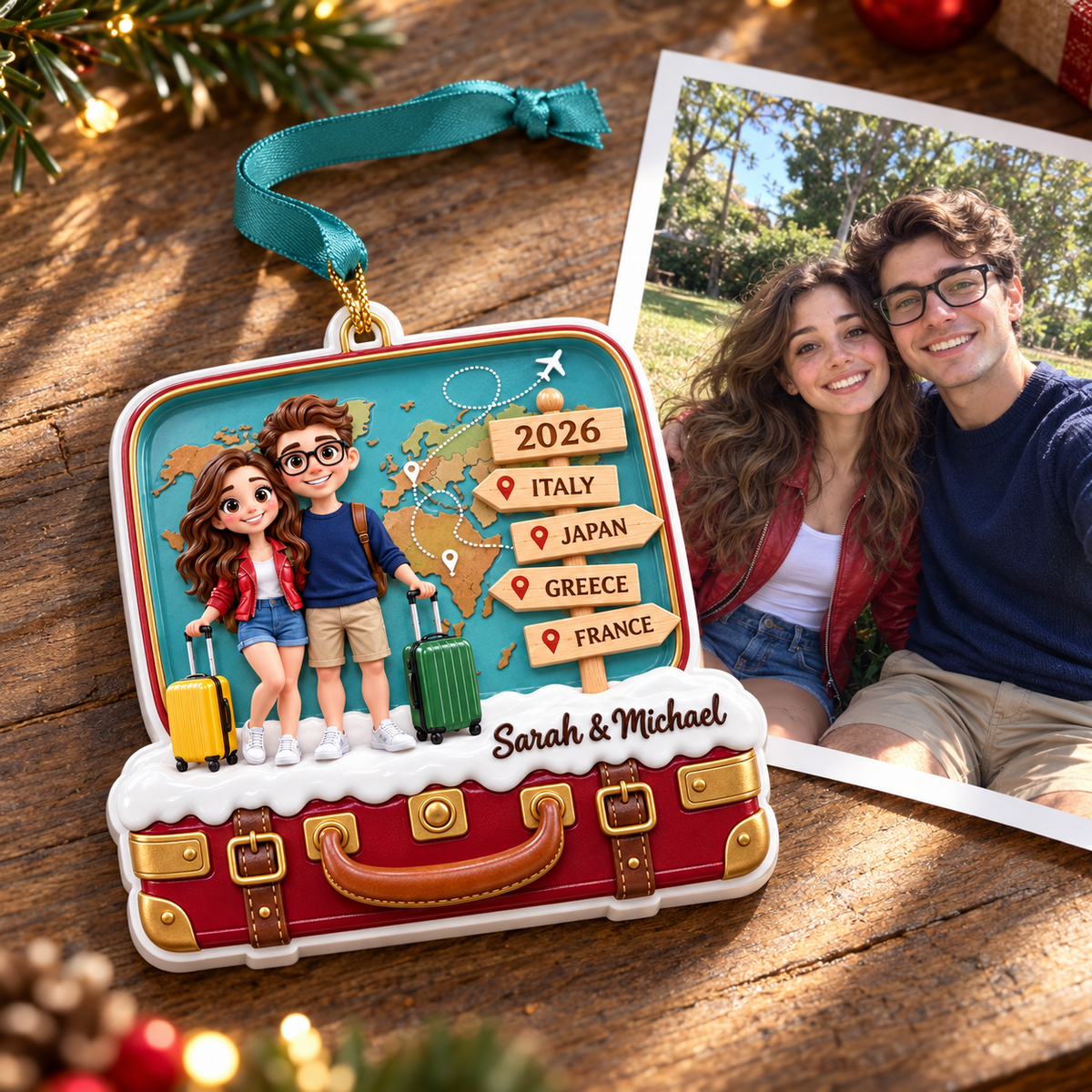 Travel Couple Suitcase Christmas Tree Decoration, Vacation Trip Theme Keepsake - 3D Relief Ornament
