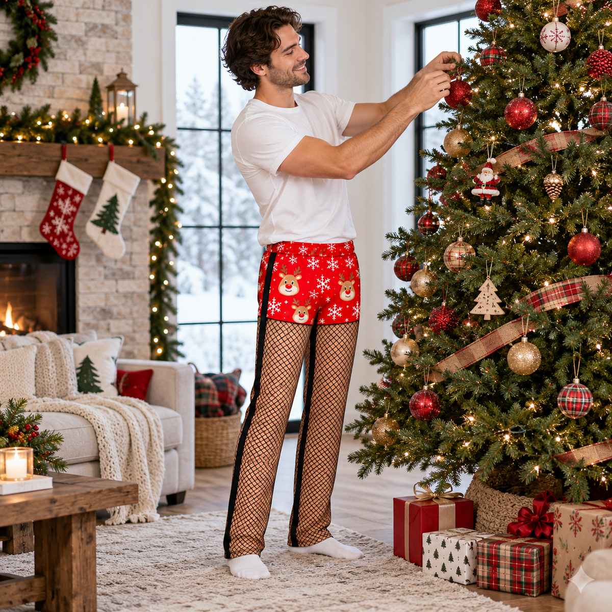 Christmas Fishnet Print Pajama Pants Novelty Graphic Holiday Trousers