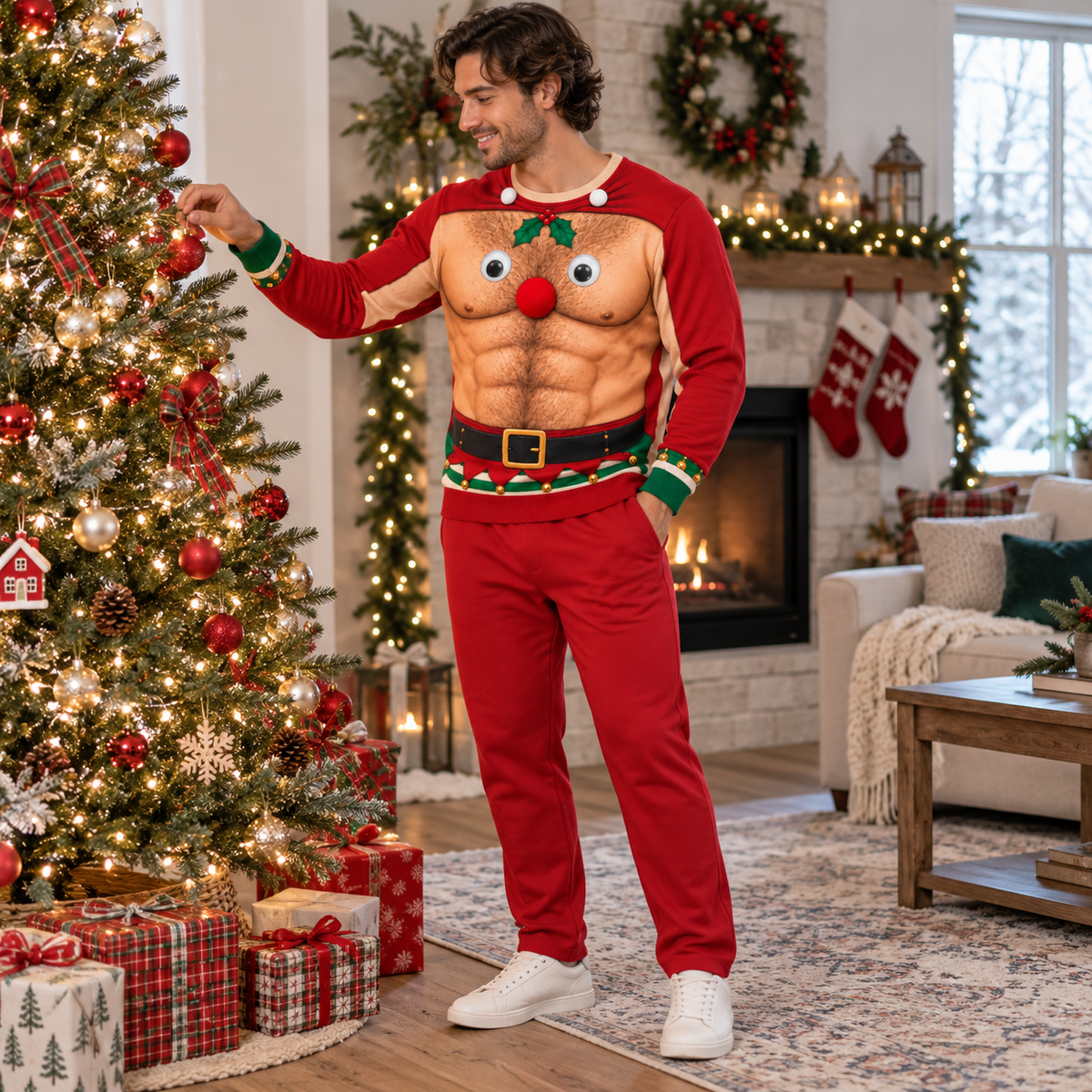 Funny Christmas Sweatshirt Hairy Chest Muscle Reindeer Crewneck