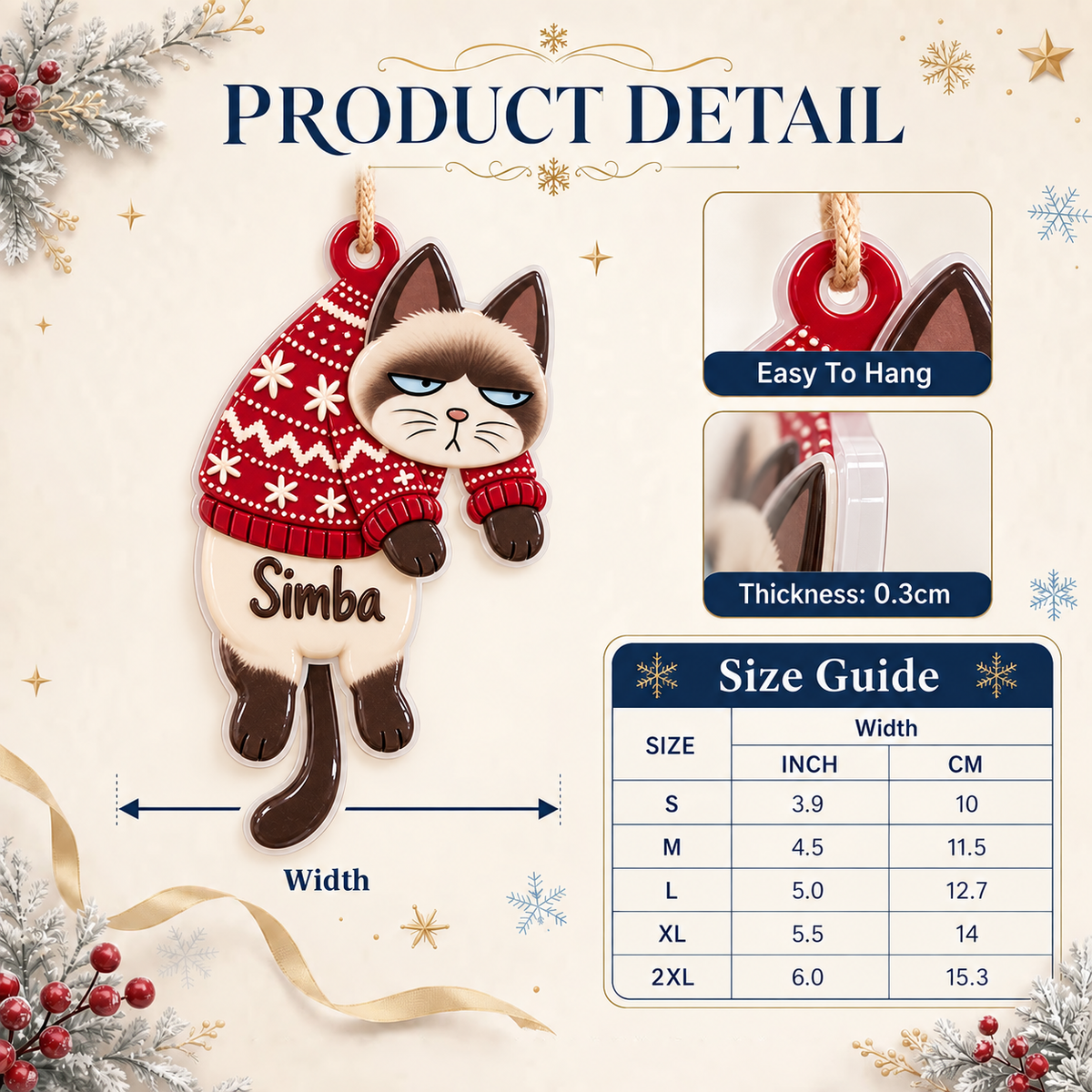 Dangling Seal Point Siamese Cat in Red Snowflake Winter Sweater - 3D Relief Ornament