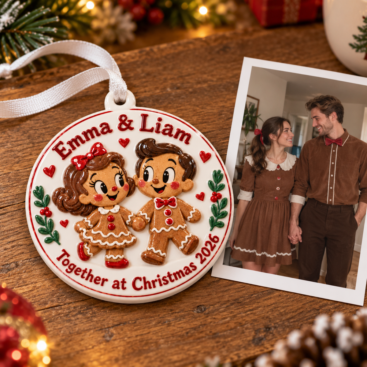 Gingerbread Couple Round Ceramic Christmas Keepsake Medallion - 3D Relief Ornament