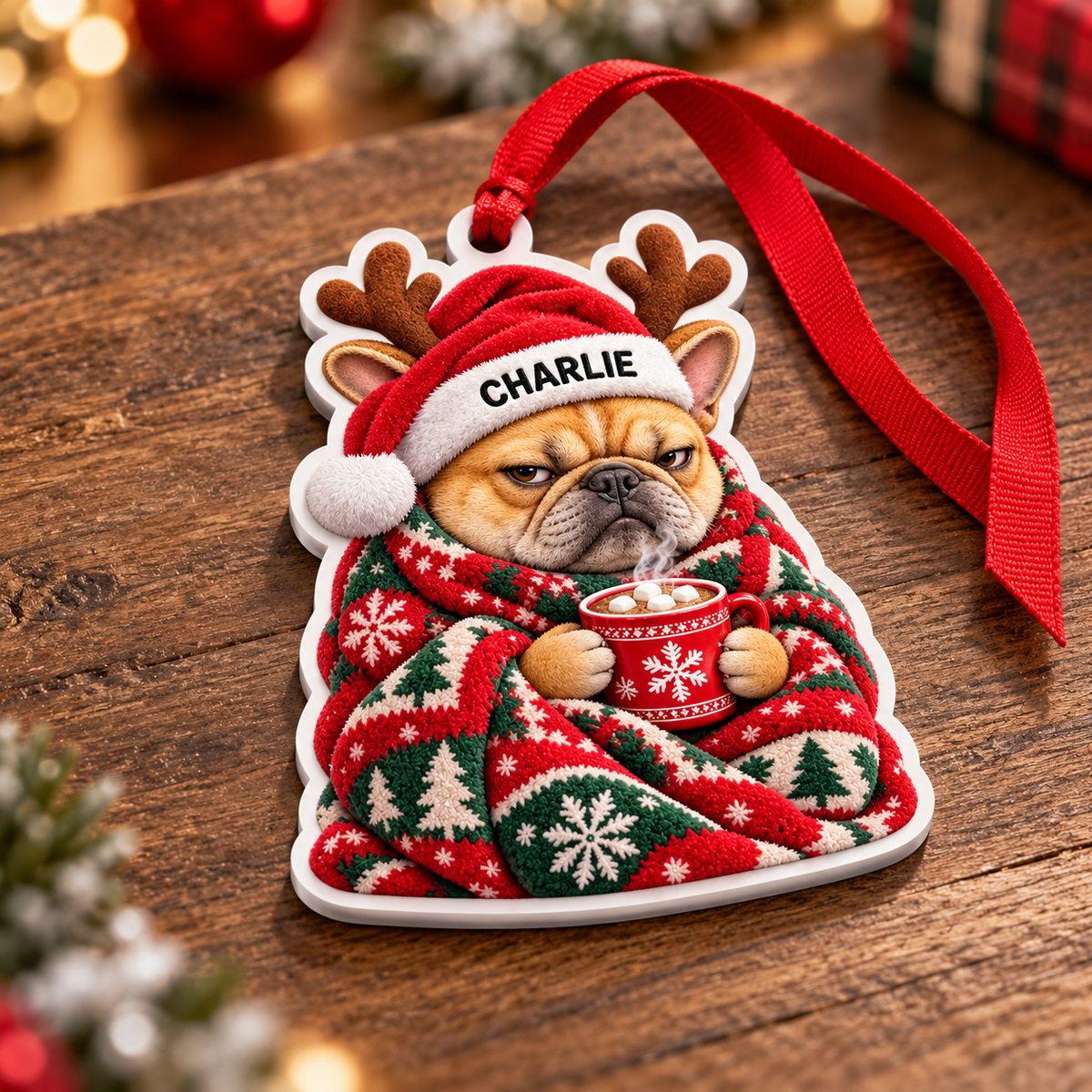 Grumpy French Bulldog in Christmas Blanket Acrylic Holiday Tree Decor - 3D Relief Ornament