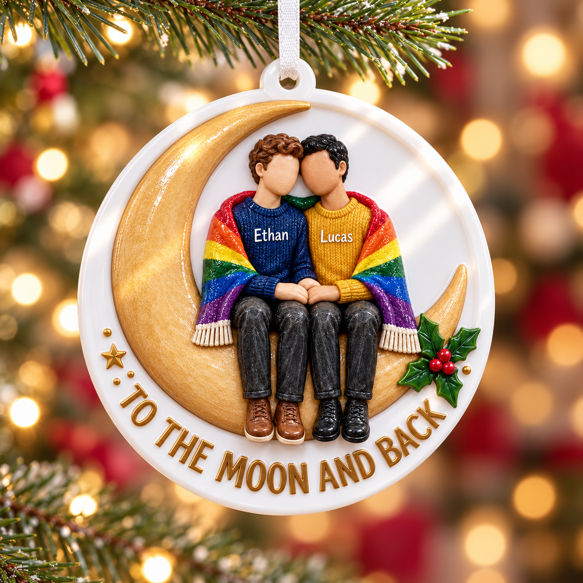 Gay Couple Sitting on Crescent Moon with Rainbow Pride Blanket Holiday Keepsake - 3D Relief Ornament