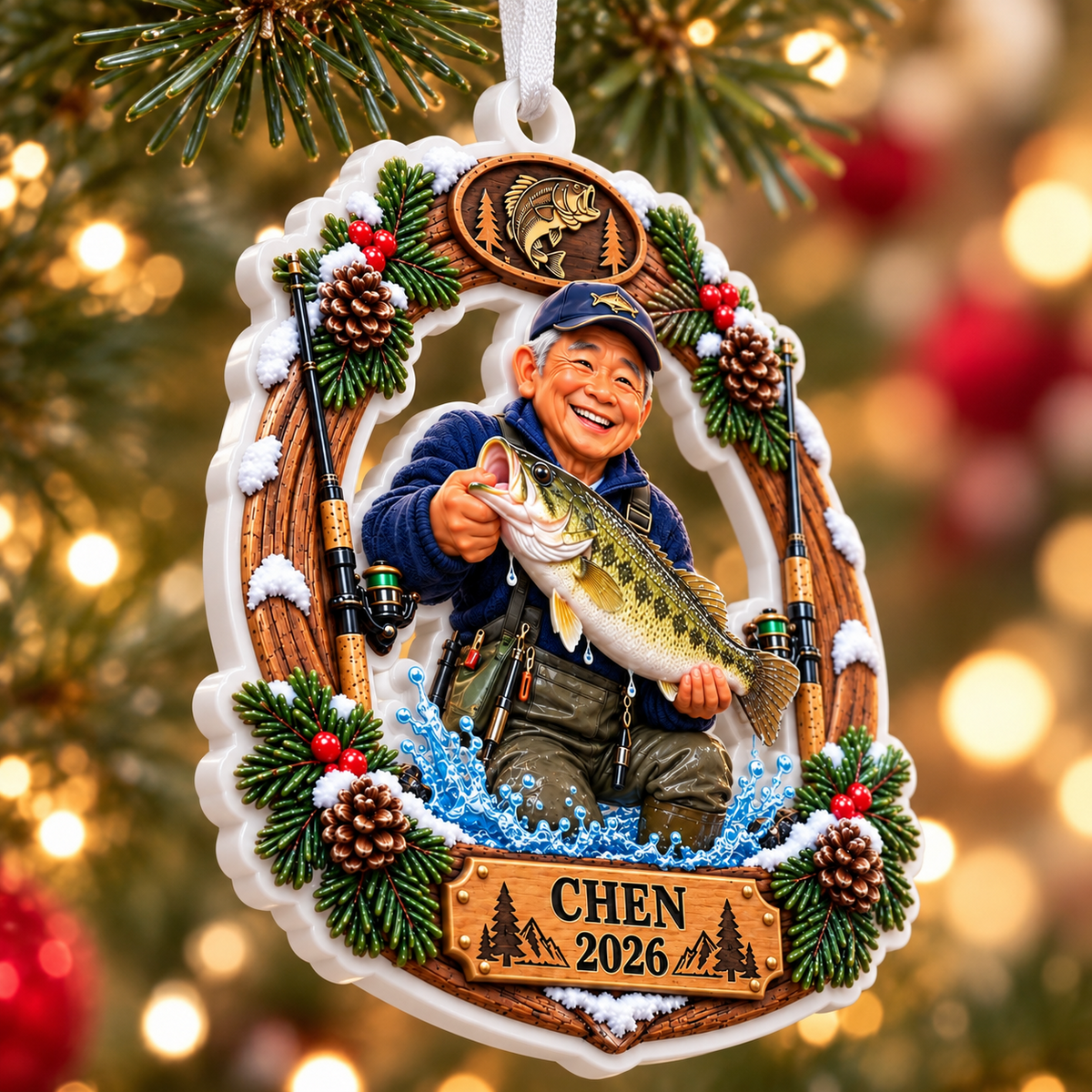 Bass Fisherman Catch Wreath Acrylic Holiday Keepsake - 3D Relief Ornament
