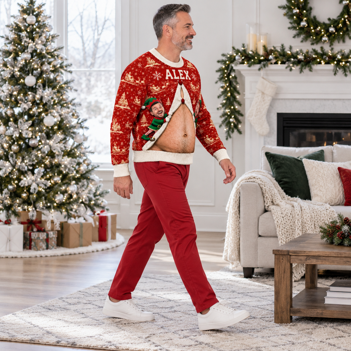 Christmas Sweatshirt with Hairy Belly Illusion Holiday Pullover