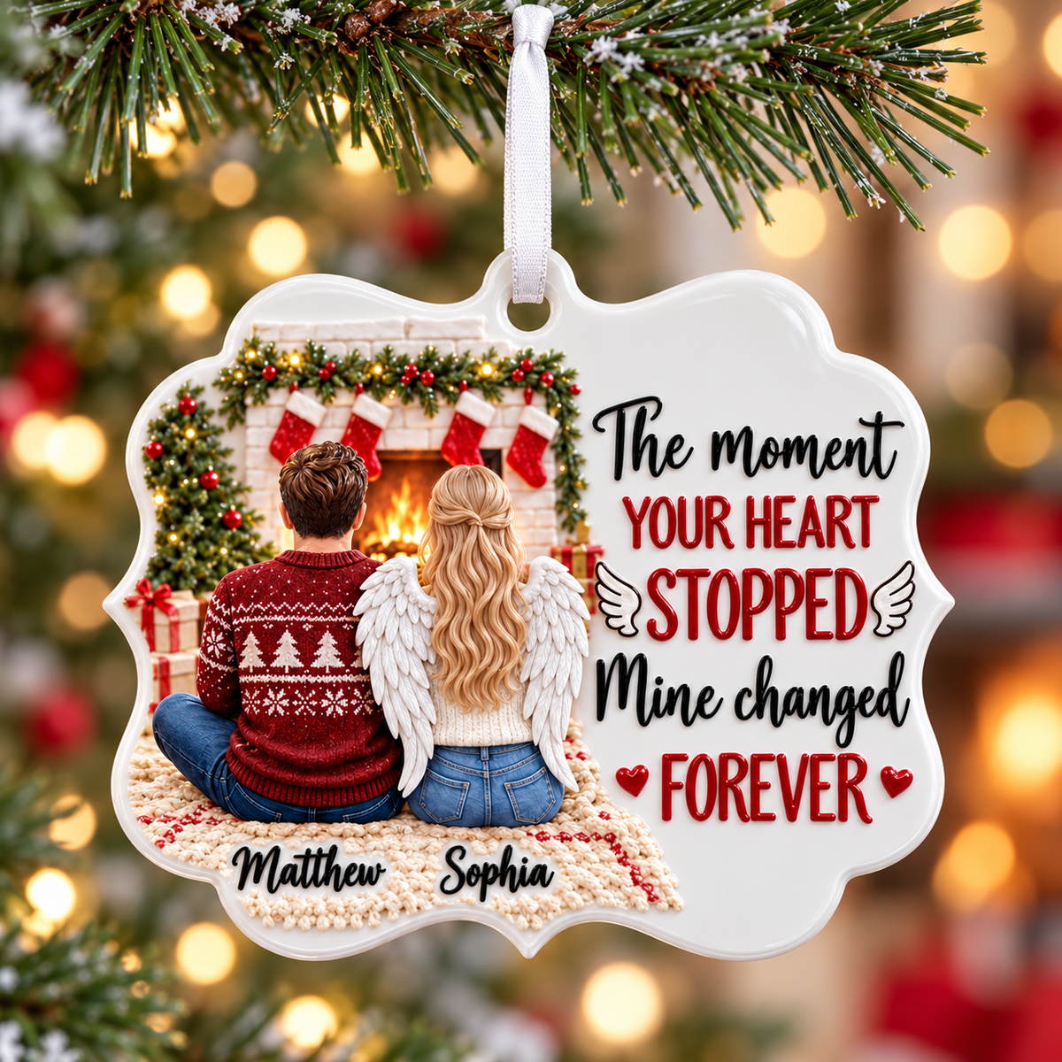 Couple Memorial Fireplace Scene with Angel Wings Bracket Shape Acrylic Hanging Keepsake - 3D Relief Ornament
