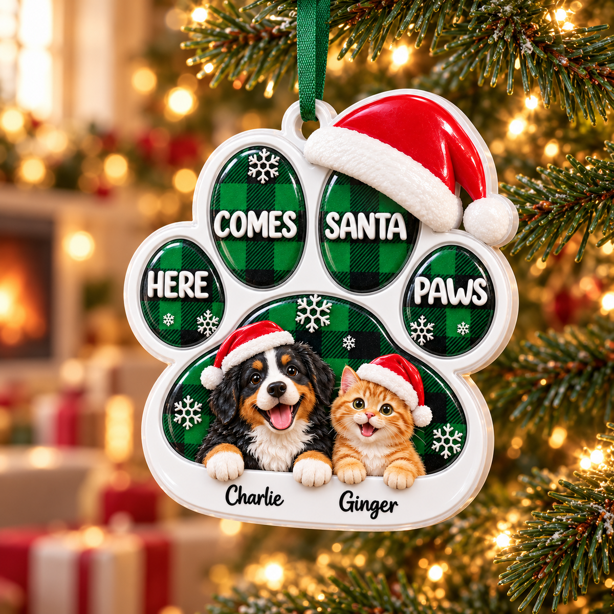 Paw Shape Christmas Tree Hanging Decoration with Dog and Cat Green Plaid - 3D Relief Ornament