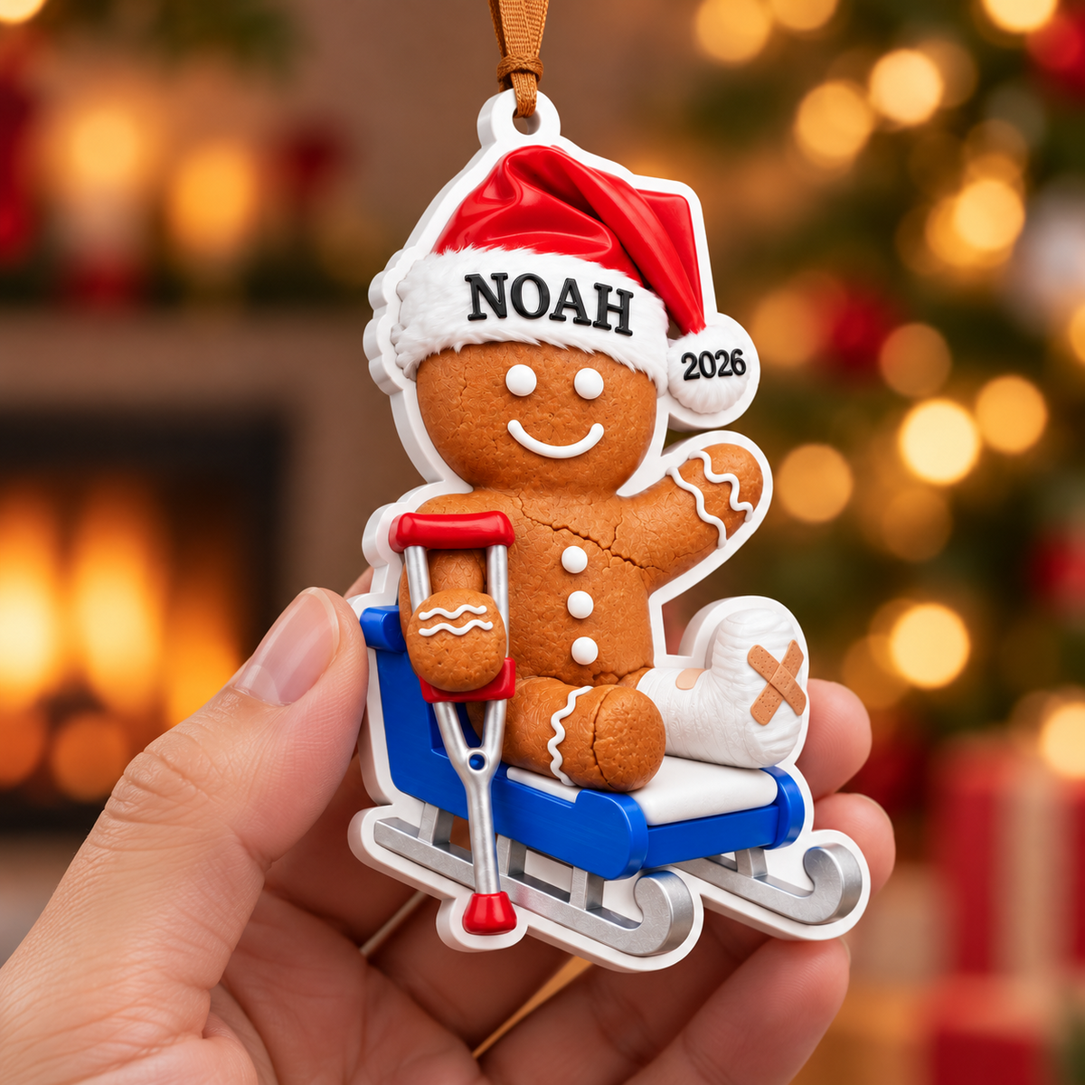 Gingerbread Man with Leg Cast and Crutch on Sled Holiday Keepsake - 3D Relief Ornament