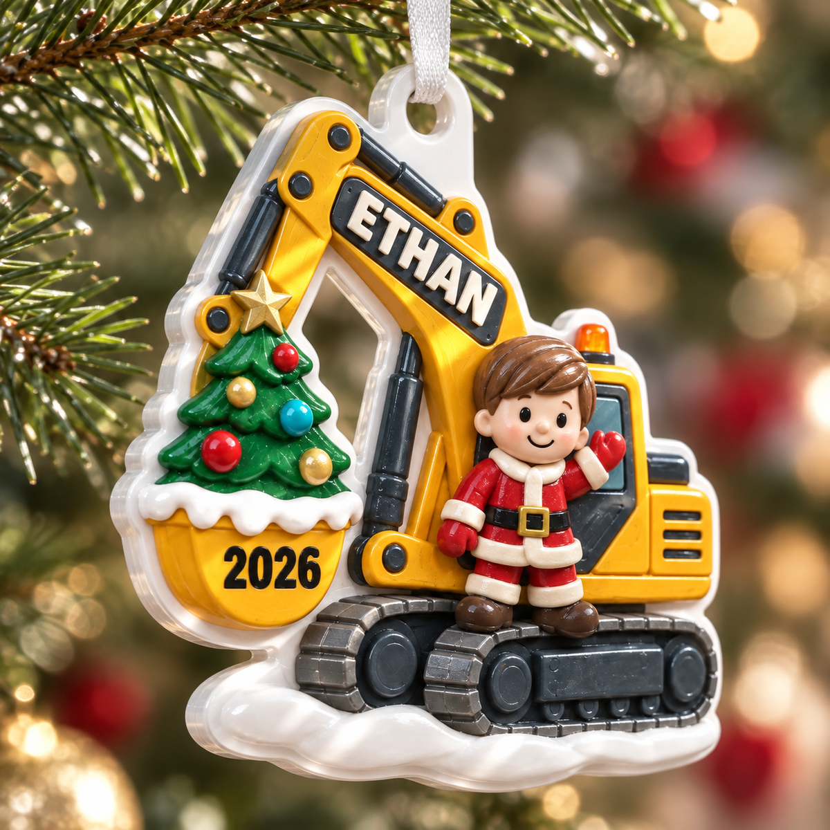 Yellow Excavator Construction Vehicle with Santa Boy and Christmas Tree - 3D Relief Ornament