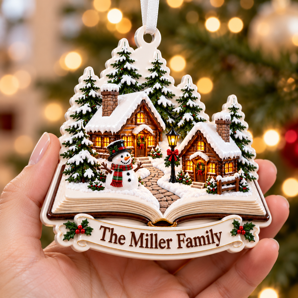 Storybook Winter Village Snowman Cabin Holiday Tree Decor - 3D Relief Ornament