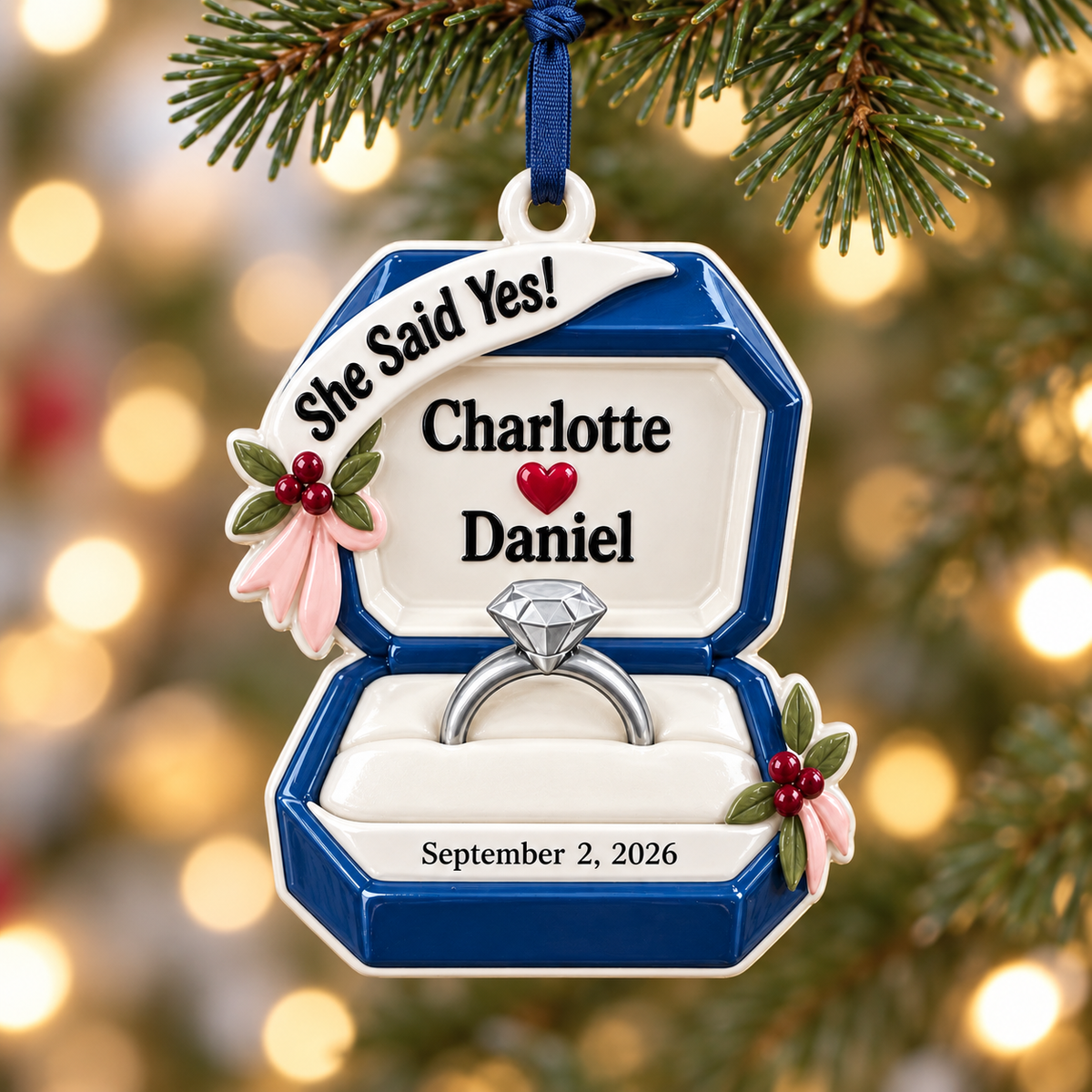 Engagement Ring Box She Said Yes Proposal Keepsake, Blue Holiday Tree Decor - 3D Relief Ornament