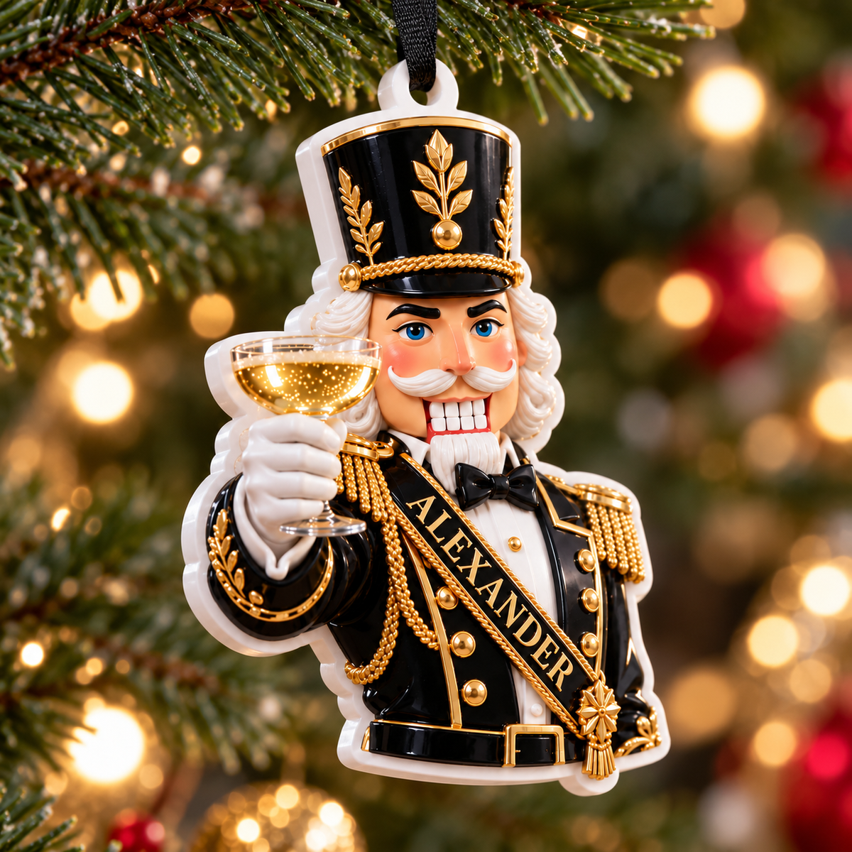 Black and Gold Soldier Nutcracker Toasting Champagne Holiday Tree Decor - 3D Relief Ornament