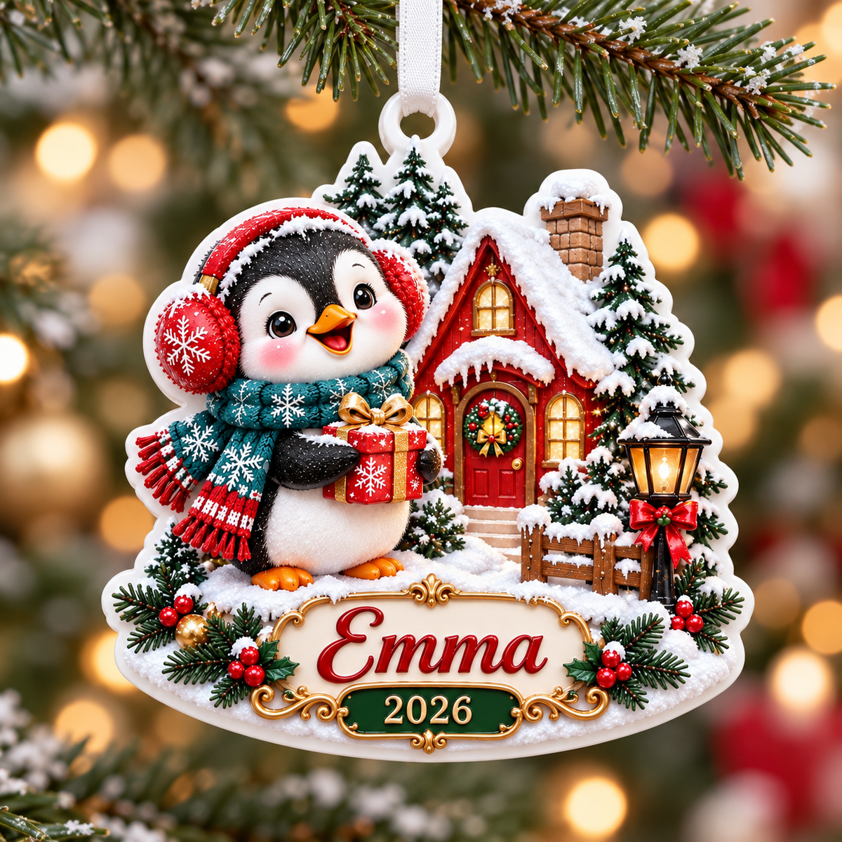Winter Penguin and Snowy Cottage Holiday Tree Hanging Keepsake - 3D Relief Ornament