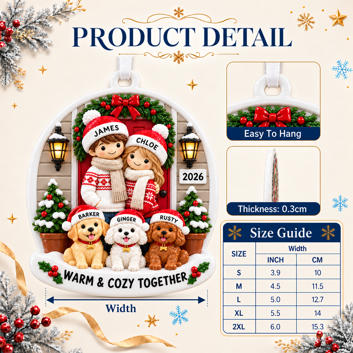 Couple with Three Dogs Front Porch Holiday Keepsake - 3D Relief Ornament
