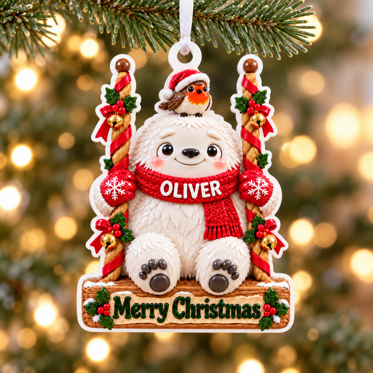 Winter Yeti on Swing with Robin and Holly Christmas Tree Hanging Keepsake - 3D Relief Ornament