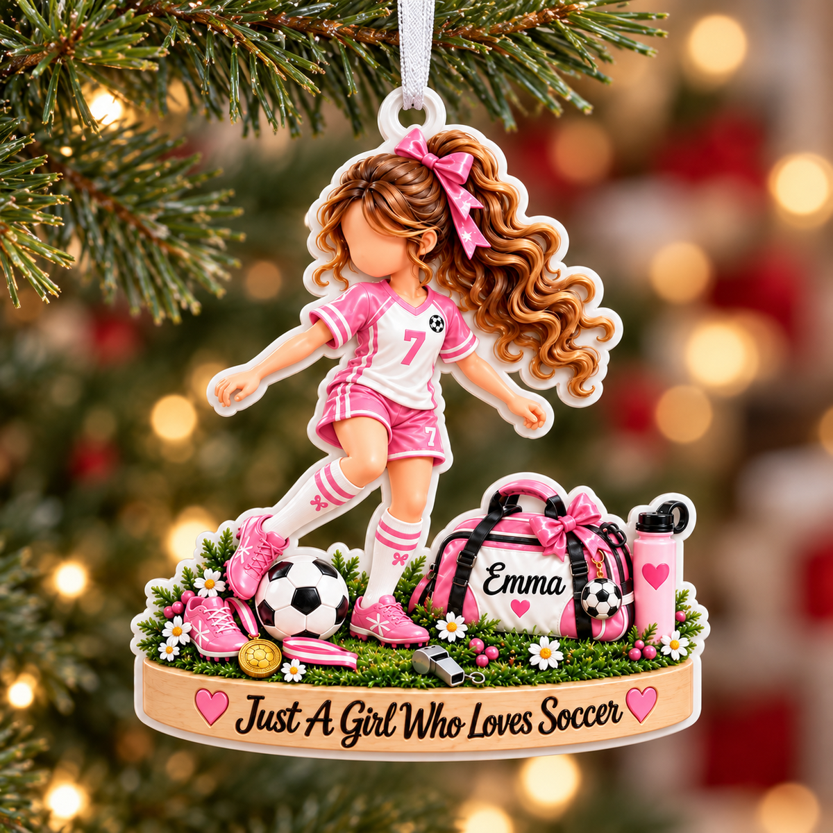 Pink Soccer Player Girl Acrylic Hanging Holiday Keepsake - 3D Relief Ornament