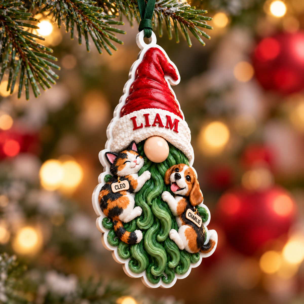 Christmas Gnome with Calico Cat and Beagle Dog Hanging Holiday Decoration - 3D Relief Ornament