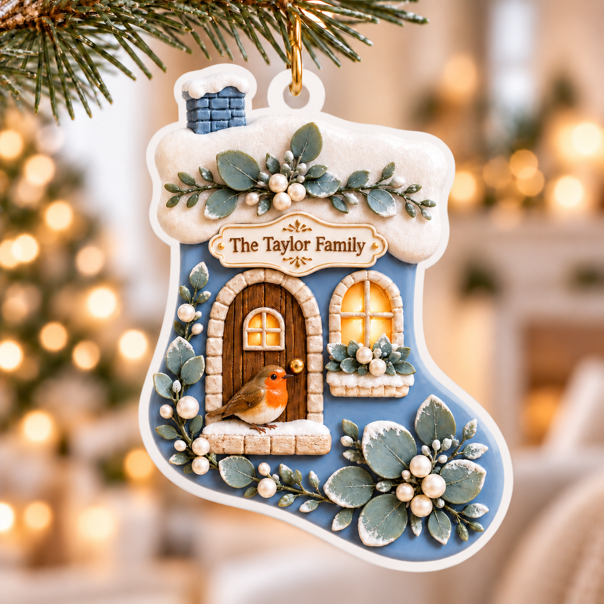 Christmas Stocking Cottage House with Winter Robin Acrylic Holiday ...
