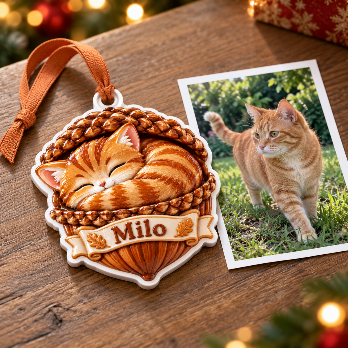 Sleeping Orange Tabby Cat in Acorn Basket Acrylic Holiday Keepsake - 3D Relief Ornament