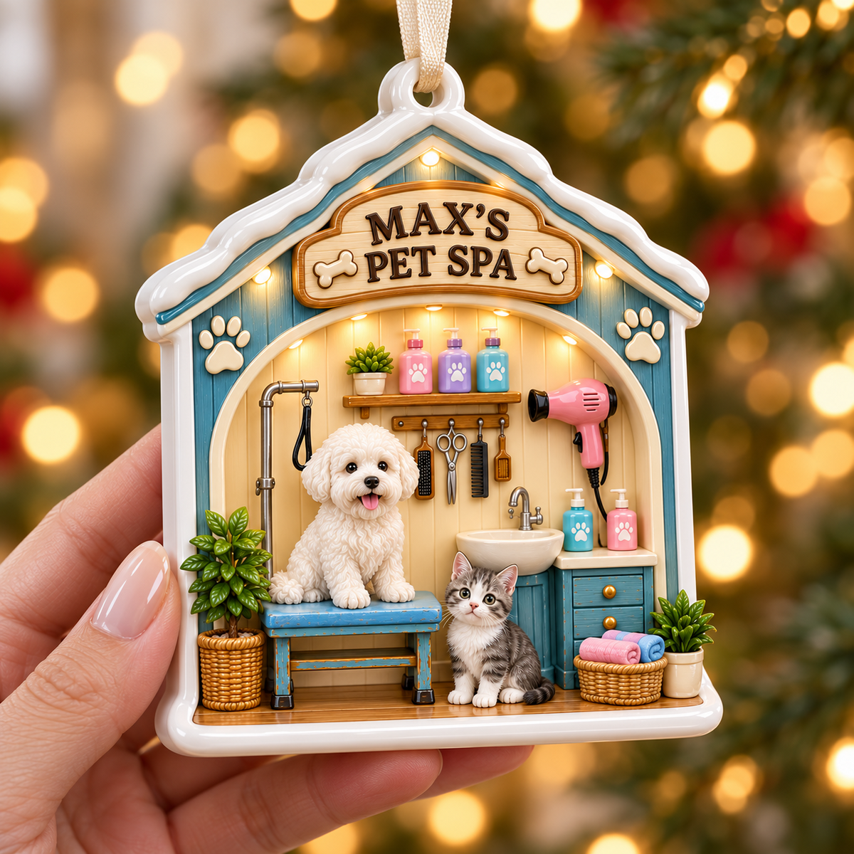 Pet Grooming Salon Scene Hanging Dog and Cat Spa Decor - 3D Relief Ornament