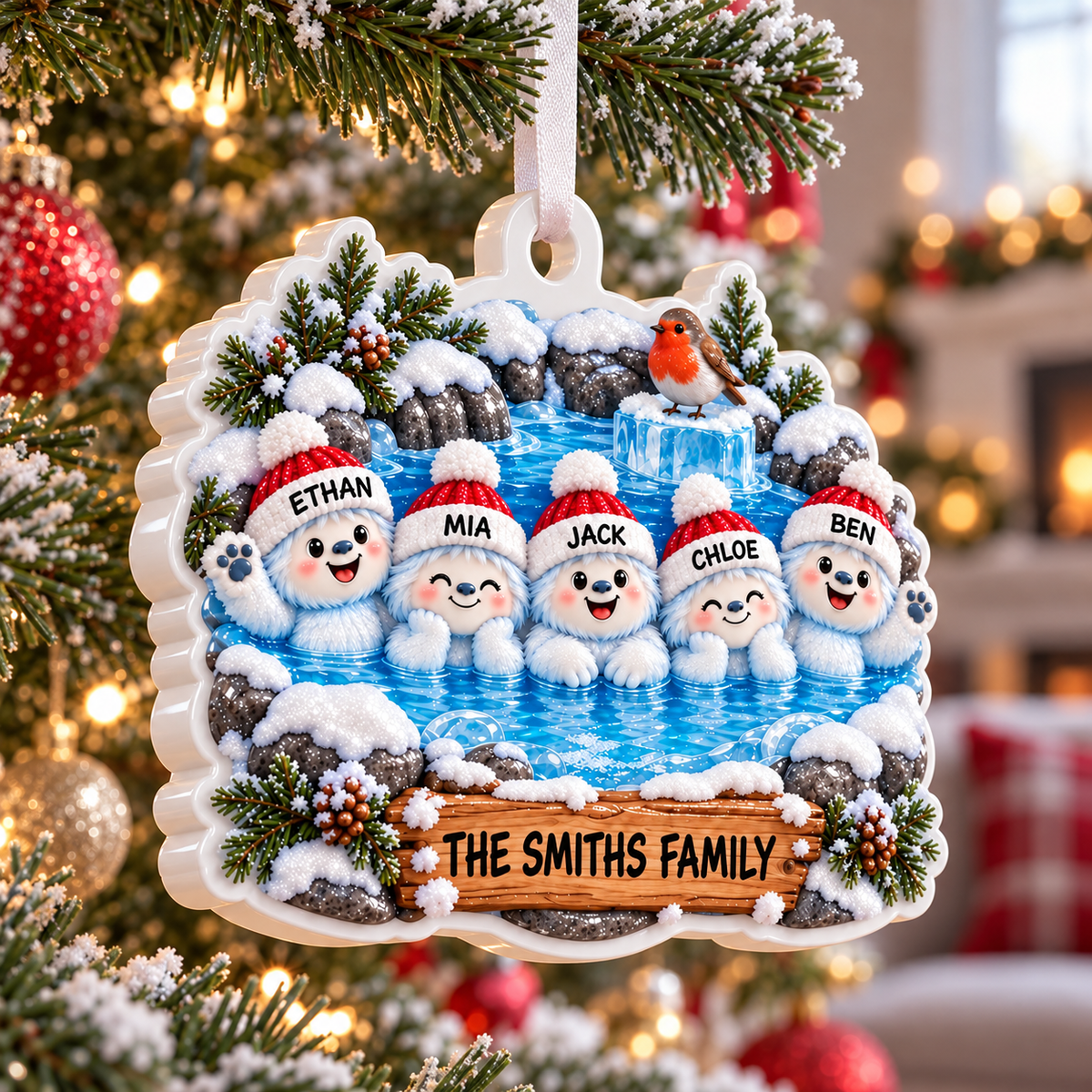 Winter Yeti Family in Hot Spring Acrylic Holiday Bauble - 3D Relief Ornament