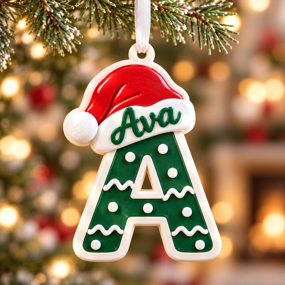 Christmas Letter A Monogram with Santa Hat, Green and White Holiday Tree Hanging - 3D Relief Ornament