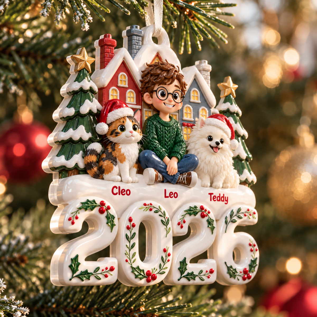 Dated 2026 Christmas Village Snowy Townhouse and Pine Tree Holiday Decor - 3D Relief Ornament