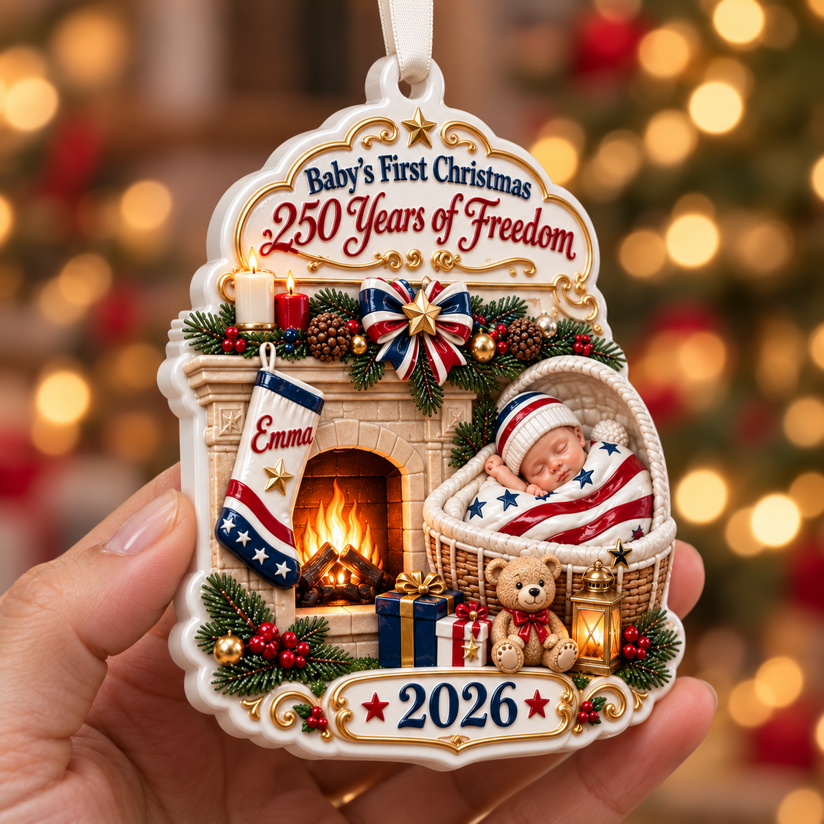 Baby's First Christmas 2026 Patriotic Fireplace Holiday Keepsake - 3D Relief Ornament