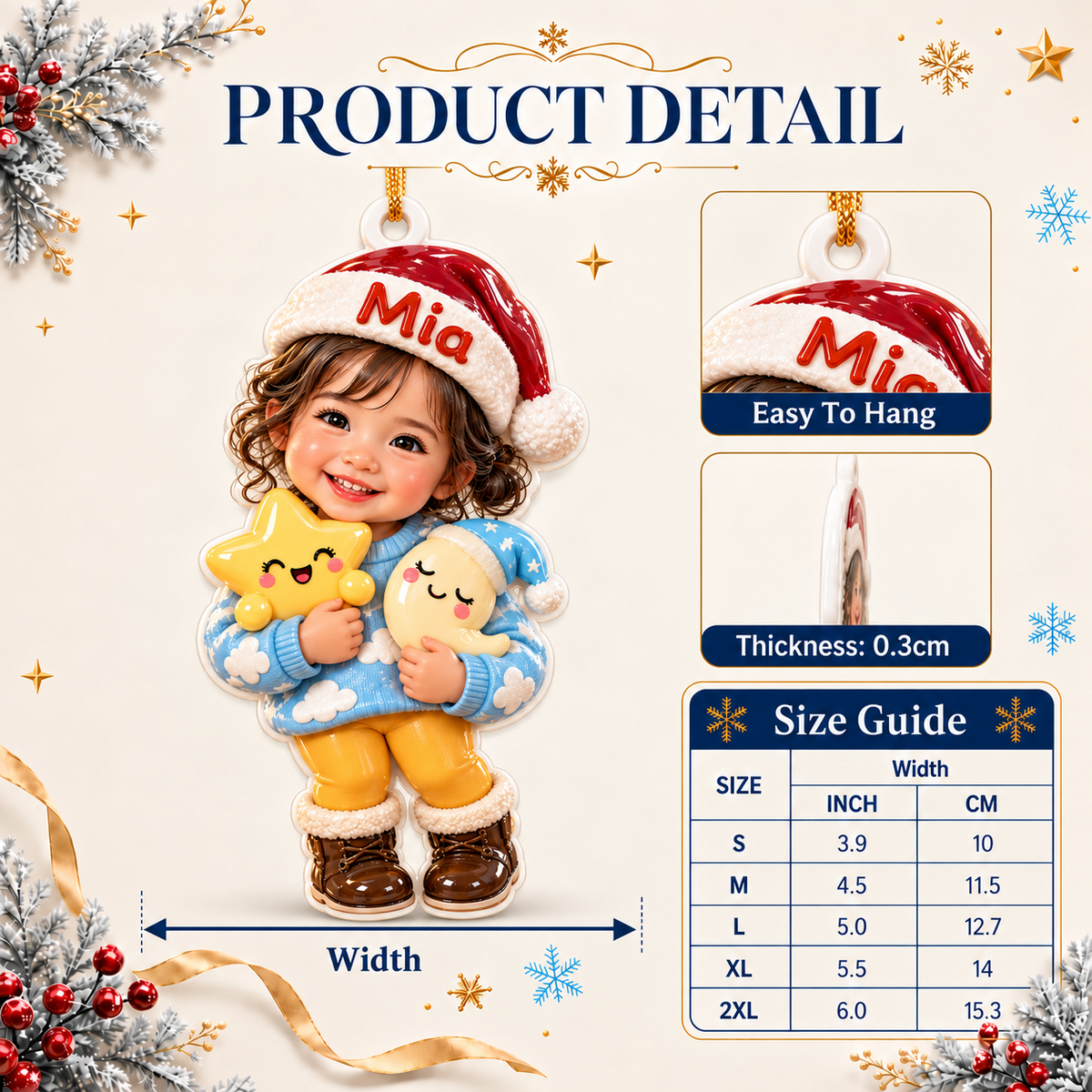 Baby Girl in Santa Hat with Star and Moon Acrylic Holiday Keepsake - 3D Relief Ornament