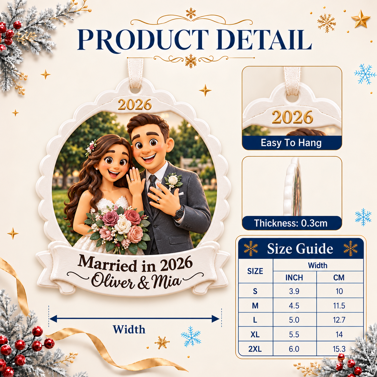 Cartoon Wedding Couple Scalloped Frame Hanging Keepsake - 3D Relief Ornament