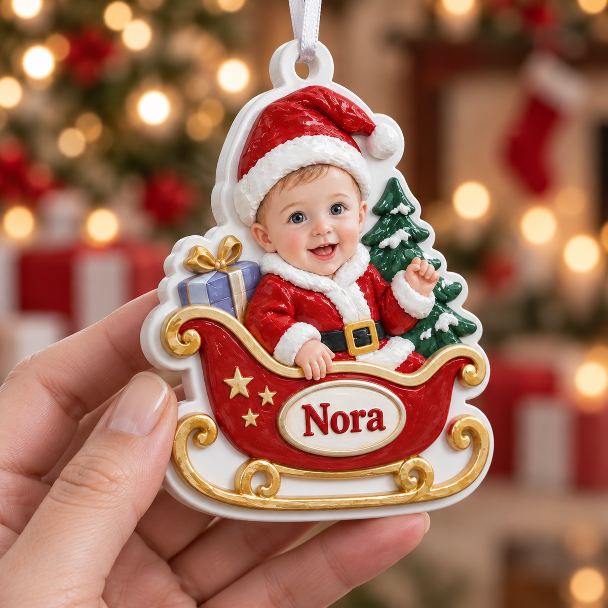 Baby Santa Sleigh Holiday Tree Hanging Keepsake in Red and Gold - 3D Relief Ornament