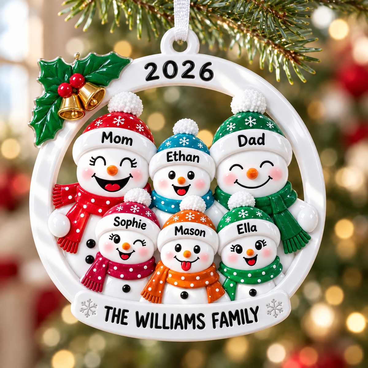 Snowman Family of 6 Christmas Tree Hanging Decoration with Holly and Bells - 3D Relief Ornament