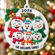 Snowman Family of 6 Christmas Tree Hanging Decoration with Holly and Bells - 3D Relief Ornament