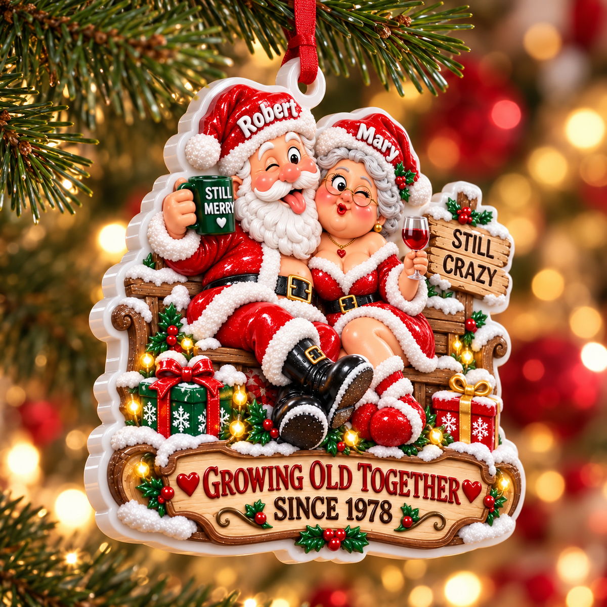 Santa Couple Christmas Hanging Keepsake with Growing Old Together Banner - 3D Relief Ornament