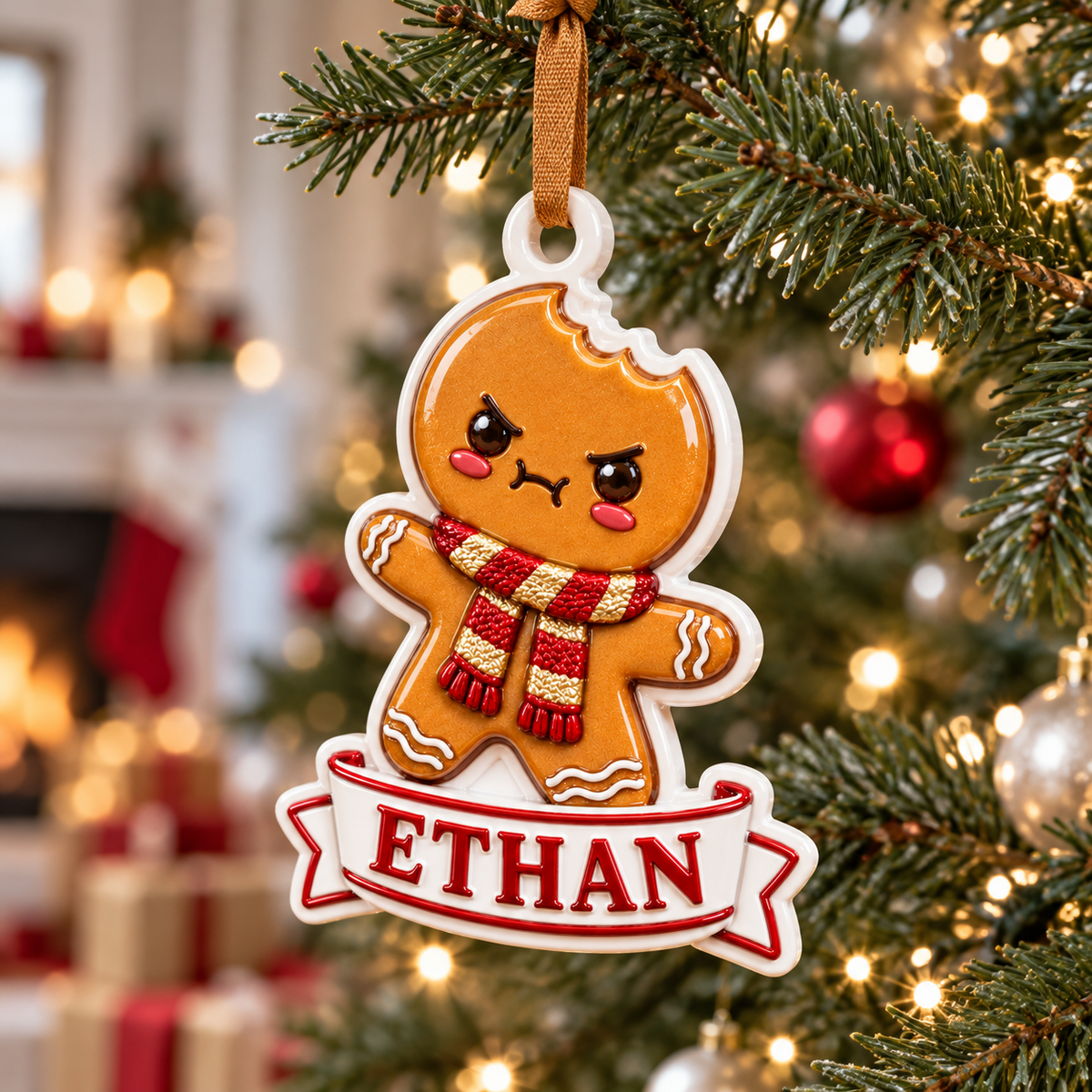 Bitten Gingerbread Cookie Banner White Ceramic Holiday Tree Decor - 3D Relief Ornament