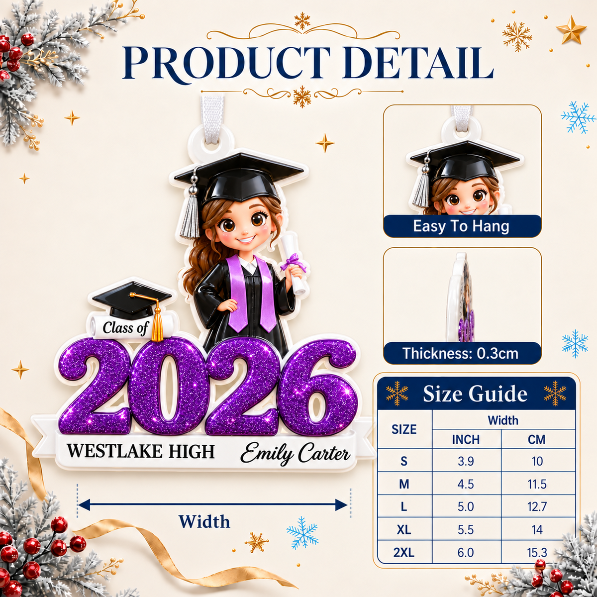 Graduate Girl Class of 2026 Purple Glitter Cap and Gown Keepsake - 3D Relief Ornament