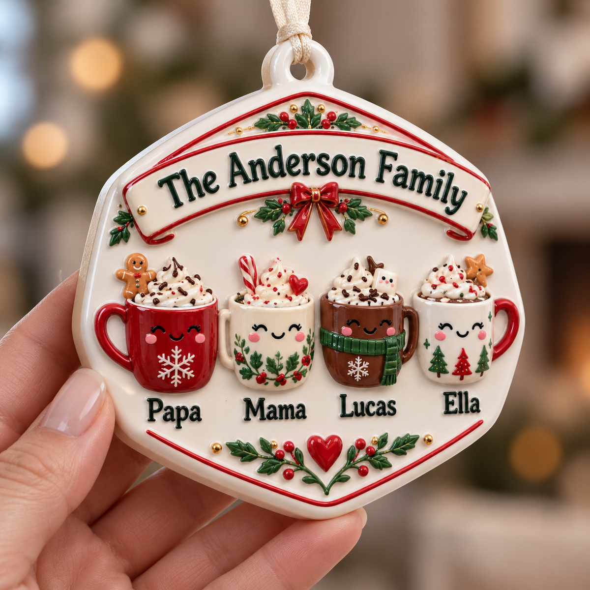 Family Hot Cocoa Mugs Ceramic Christmas Tree Holiday Keepsake Plaque - 3D Relief Ornament