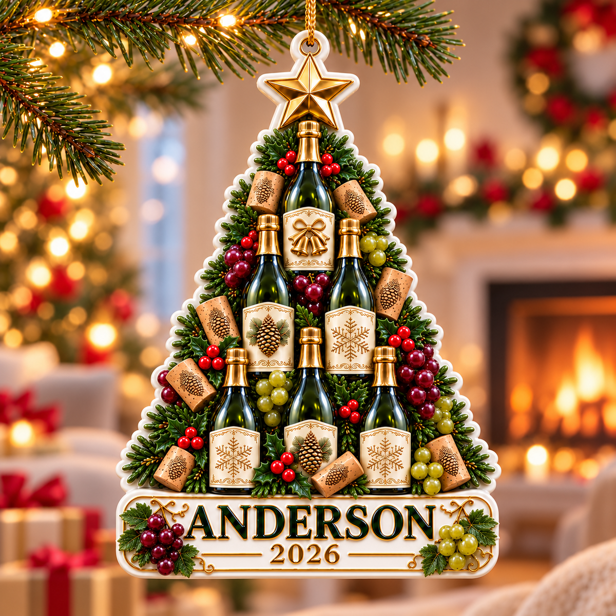Champagne Wine Bottle Christmas Tree Plaque - 3D Relief Ornament
