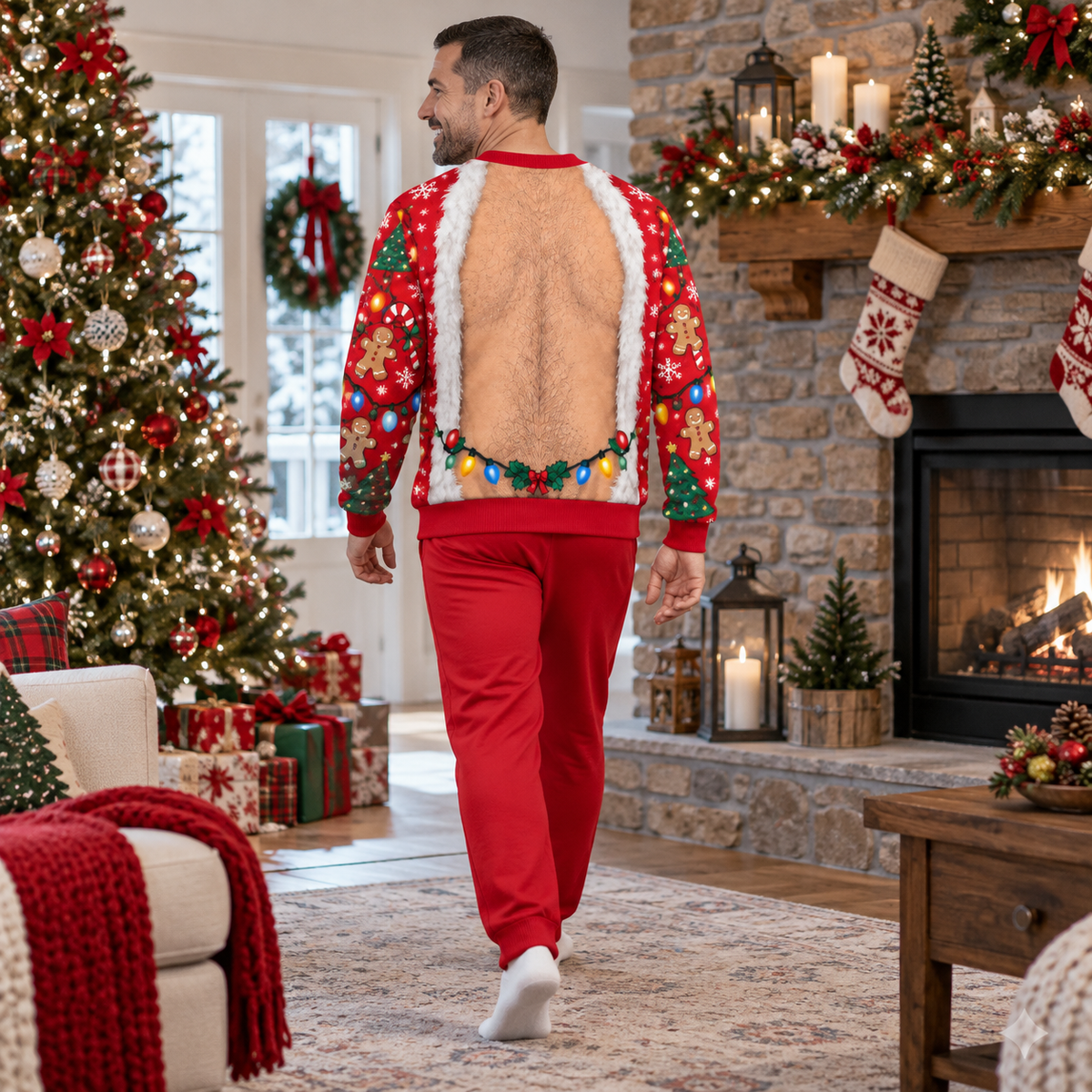 Funny Christmas Sweatshirt Hairy Chest Mitten Lights Ugly Sweater