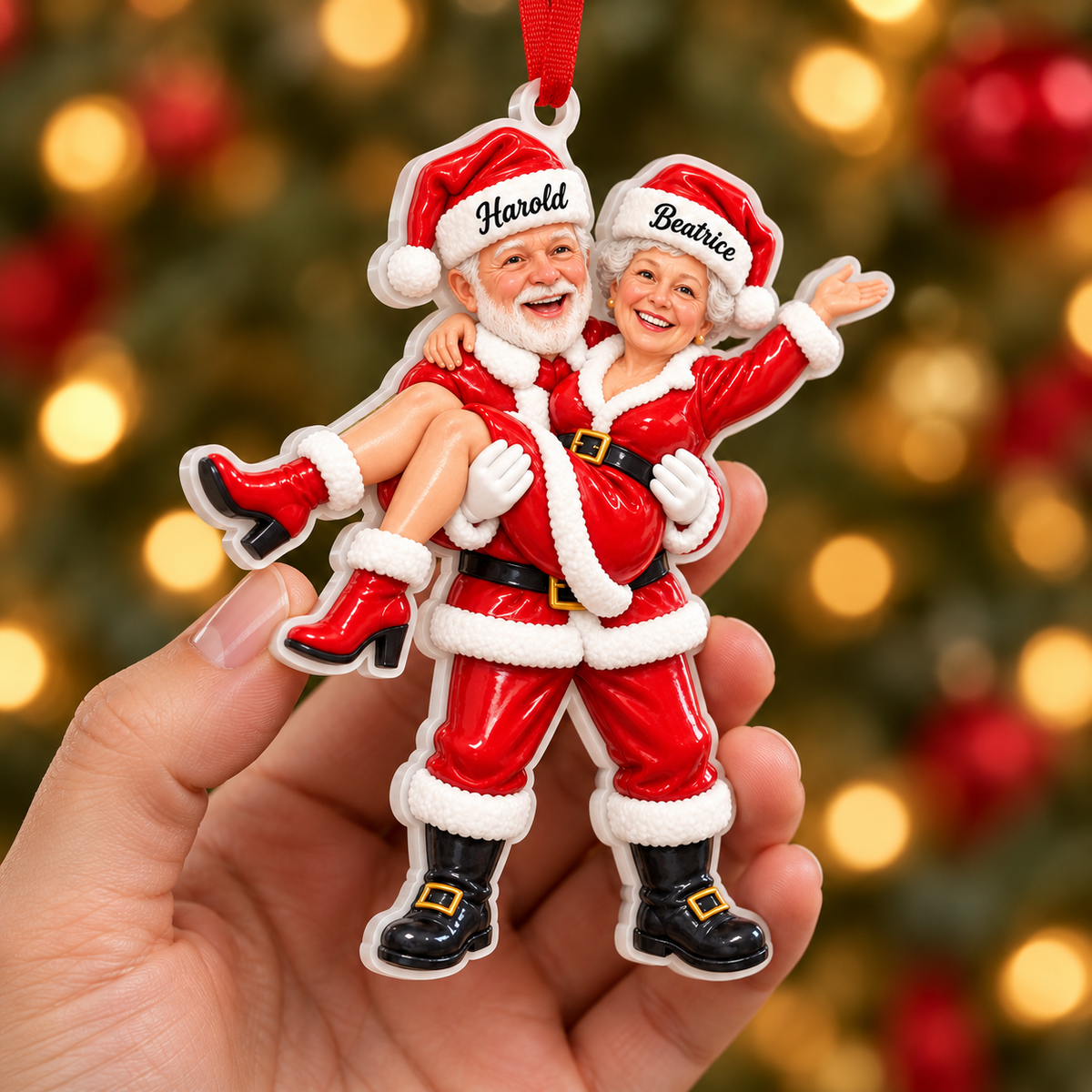 Santa and Mrs Claus Couple Holiday Tree Hanging Figurine in Red - 3D Relief Ornament